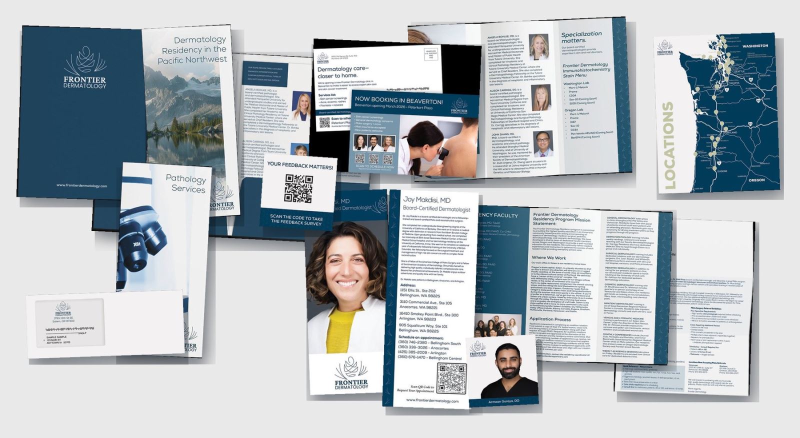 Spread of Frontier Dermatology print materials produced by POS: brochures, referral letters, mailers, folders, a locations map, and patient cards.